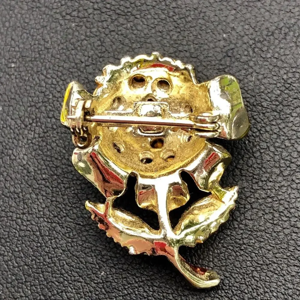 Vintage Yellow Flower Pin, Rhinestones, Enamel White Orange 60s Retro